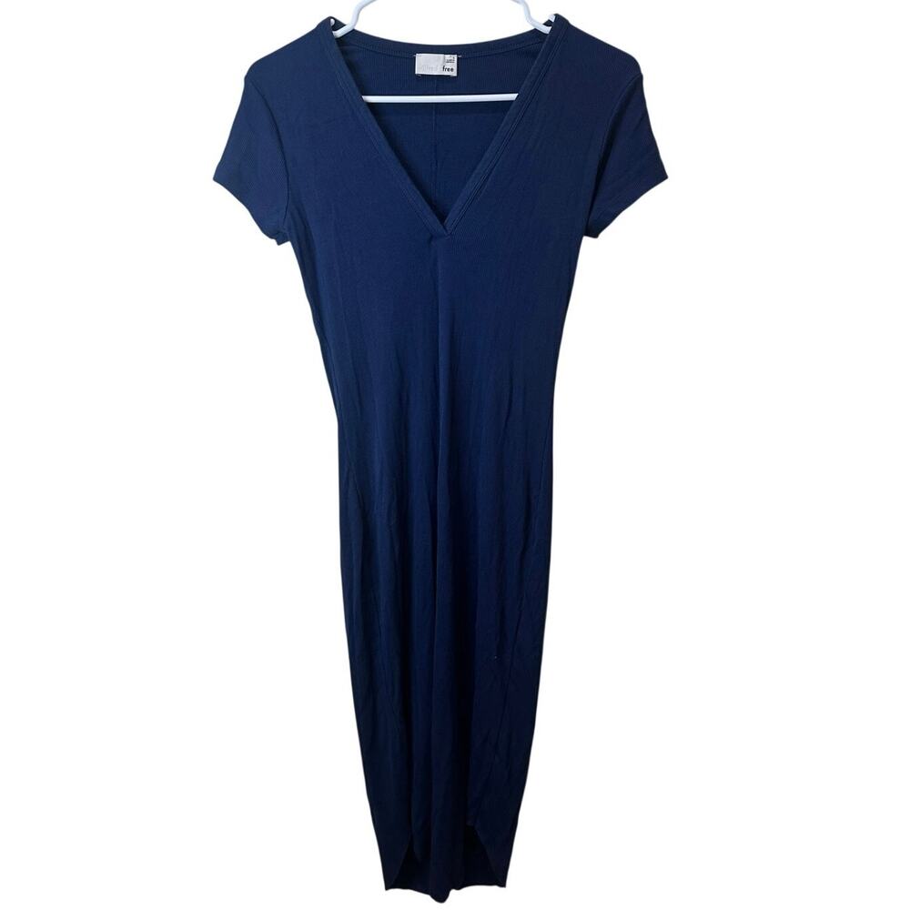 Aritzia Wilfred Free Sz S Corin Dress Navy Blue V-Neck Maxi Bodycon Midi Great!